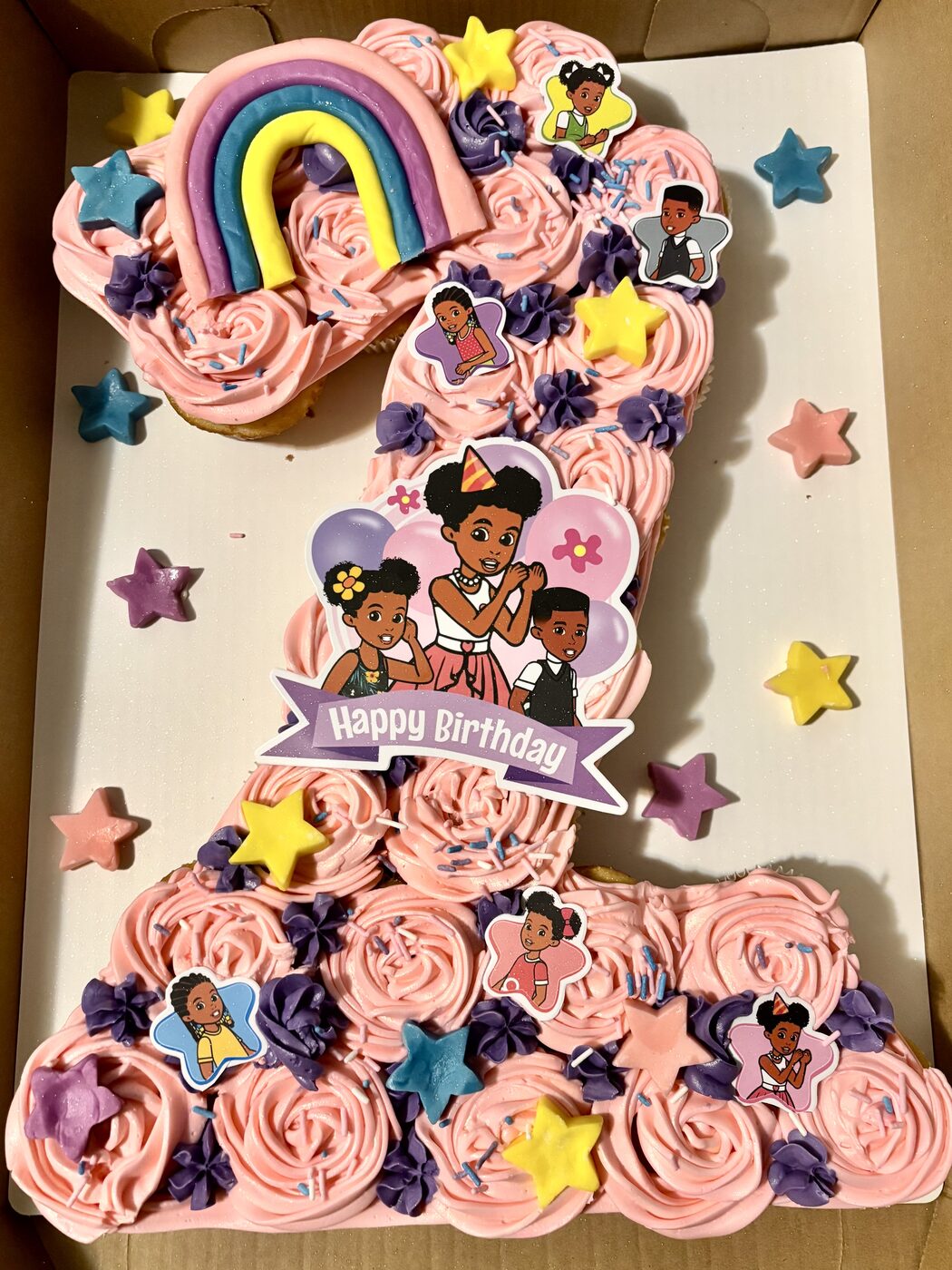 Number one pull-apart cupcake cake with rainbow theme